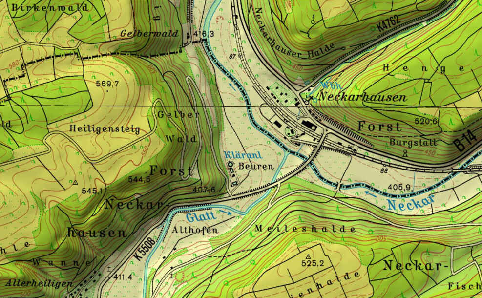 Höhenlinien aus der topografischen Karte 1:25000 von Baden-Württemberg mit Schummerung und Höhenschichten.